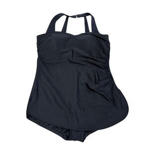 Lands End Womens Solid Black Halter One Piece Skirted Swim Suit Size 16P Petite